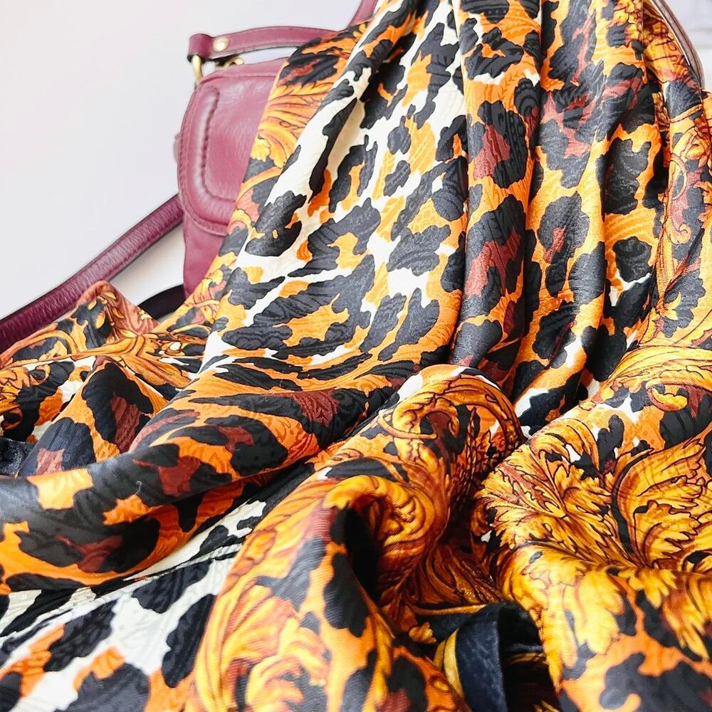 Vintage 80s CASCA Leopard Square Scarf 36" Satin Headscarf Glam Baroque Wrap NWT